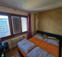 Hálószoba egy kétszobás lakásban ággyal és fa dekorációval a falon.