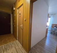 Csempefolyosó, fa dekor padló, kilátás egy kétszobás lakás konyhájába.