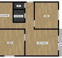 3 szobás lakás alaprajza erkéllyel és fa dekorációjú padlóval.