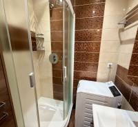 Fürdőszoba egy háromszobás lakásban mosógéppel, zuhanyzóval és barna csempékkel.