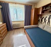 Szoba egy háromszobás lakásban ággyal, fali dekorációval és fa dekorációjú padlóval.