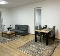 Nappali étkezőasztallal, szürke kanapéval és fa dekorációjú padlóval egy kétszobás lakásban.