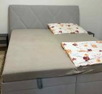 Szürke ágy kárpitozott fejvéggel egy kétszobás lakásban, éjjeliszekrénnyel és szőnyeggel.