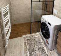 Fürdőszoba egy kétszobás lakásban mosógéppel, zuhanyzóval és fa mintázatú padlóval.