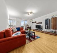 Nappali egy kétszobás lakásban, fa dekoros padlóval, kanapéval és televízióval.