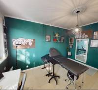 Szoba egy háromszobás lakásban türkiz fallal, székkel és dekorációkkal.