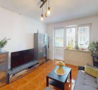 Nappali egy háromszobás lakásban fa mintázatú padlóval és szobanövényekkel.