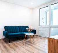 Nappali egy kétszobás lakásban kanapéval, fa mintázatú padlóval és dohányzóasztallal.