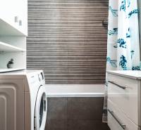 Fürdőszoba egy kétszobás lakásban zuhanyfüggönnyel, mosógéppel és tárolóhellyel.