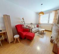 Nappali egy kétszobás lakásban, asztallal, piros fotellel és fa dekoros padlóval.