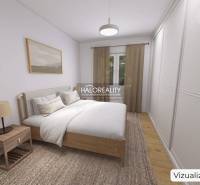 Hálószoba családi házban ággyal, éjjeliszekrénnyel és fa dekoros padlóval.