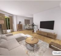 Nappali egy családi házban kanapéval, TV-vel és fa dekorációjú padlóval.