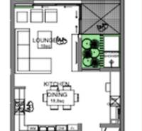 Családi ház alaprajza terasszal, nappalival, konyhával és étkezővel.