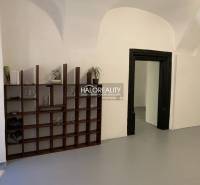 Iroda belső tér boltíves mennyezettel és fa könyvtárral.