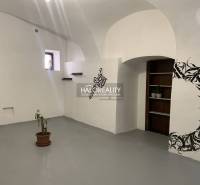 Irodák fehér falakkal, virágmintával és kis cserepes növénnyel.