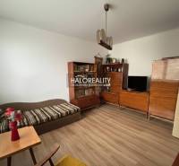 Nappali egy háromszobás lakásban fa mintázatú padlóval, fa bútorokkal, kanapéval.