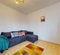 Szoba egy háromszobás lakásban kanapéval, fa dekor padlóval és polcokkal.