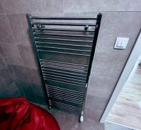 Fürdőszoba törölközőtartóval az irodákban, fa dekorációjú padlóval.