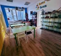 Iroda belső tér fa dekor padlóval és asztalokkal, polcok Brick játékokkal.