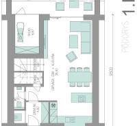 A családi ház földszinti alaprajza raktárral, konyhával és nappalival.