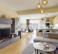 Nappali fa dekor padlóval, kényelmes kanapéval és tágas konyhával egy családi házban.