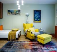 Családi ház szobája fotellel, ággyal, szőnyeggel és dekorációkkal. Fa mintázatú padló.