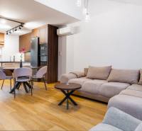 Nappali egy egyszobás lakásban konyhával, kanapéval és fa dekorációjú padlóval.