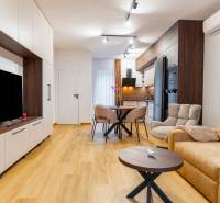 Nappali fa hatású padlóval, kényelmes kanapéval és konyhaasztallal.