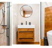 Modern fürdőszoba fa dekor padlóval egy egyszobás lakásban.