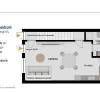 Egy szobás lakás alaprajza konyhával, nappalival, fürdőszobával és terasszal.
