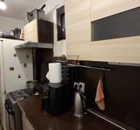 Családi ház konyhája fa dekorációval, tartalmazza a készülékeket, szekrényeket és a szemetes kukát.