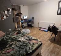 Hálószoba családi házban számítógépasztallal, dekorációkkal és fa dekorációjú padlóval.