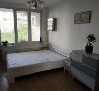 Hálószoba egy kétszobás lakásban fa dekor padlóval és nagy ablakokkal.