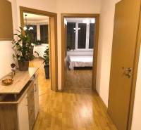 Folyosó egy kétszobás lakásban fa dekorációjú padlóval és növényekkel.