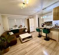 Nappali és konyha egy kétszobás lakásban, fa mintázatú padlóval.