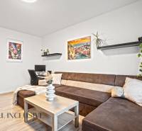 Nappali barna kanapéval, íróasztallal és fa mintázatú padlóval.