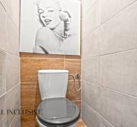 Háromszobás lakás WC-je fa dekor padlóval és fali fotóval.