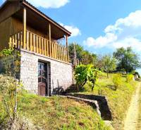 A képen egy faház látható, amelyet zöld növényzet és egy közeli út vesz körül.