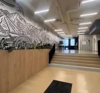 Irodák fa dekor padlóval, lépcsők, szék és egy nagy falfestmény.