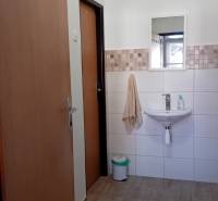 Irodák mosdóval, tükörrel és fa dekorációjú padlóval.