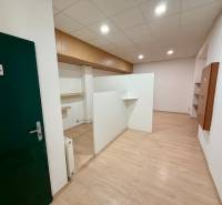 Kereskedelmi helyiségek belső tere fa dekorációjú padlóval és zöld ajtókkal, WC jelzéssel.