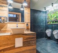 Fürdőszoba mosdóval, sötét csempével, függőleges kerttel és fa dekorációjú padlóval. Szállodák és panziók.