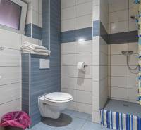 Fürdőszoba szállodákban és panziókban WC-vel, zuhanyzóval és színes csempékkel.