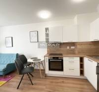 Konyha egy egyszobás lakásban, fa dekorációjú padlóval és világos bútorokkal.