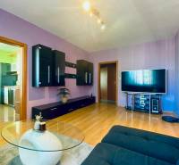 A háromszobás lakás nappalija lila falakkal, sötét bútorokkal és a padlón lévő TV-vel fa dekorációval.