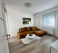 Világos nappali egy kétszobás lakásban barna kanapéval és asztallal fa dekor padlón.