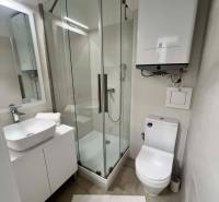 Fürdőszoba egy kétszobás lakásban, modern zuhanyzóval és mosdóval.