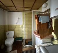 Fürdőszoba családi házban WC-vel, zuhanyzóval és mosdóval.