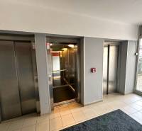 Három lift és a folyosó padlóburkolata a pozsonyi Martinčekova utcai lakóházban.