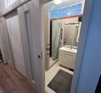 Fürdőszoba egy egyszobás lakásban mosdóval, zuhanyzóval és fa dekoros padlóval.